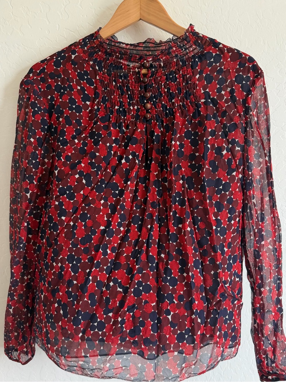 Diane von Furstenberg Sheer Silk Smocked Dot Blouse Sz 4